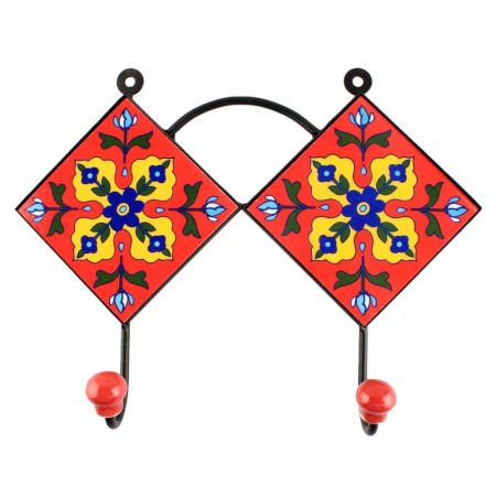 Ceramic Floral Tile Hook in Red